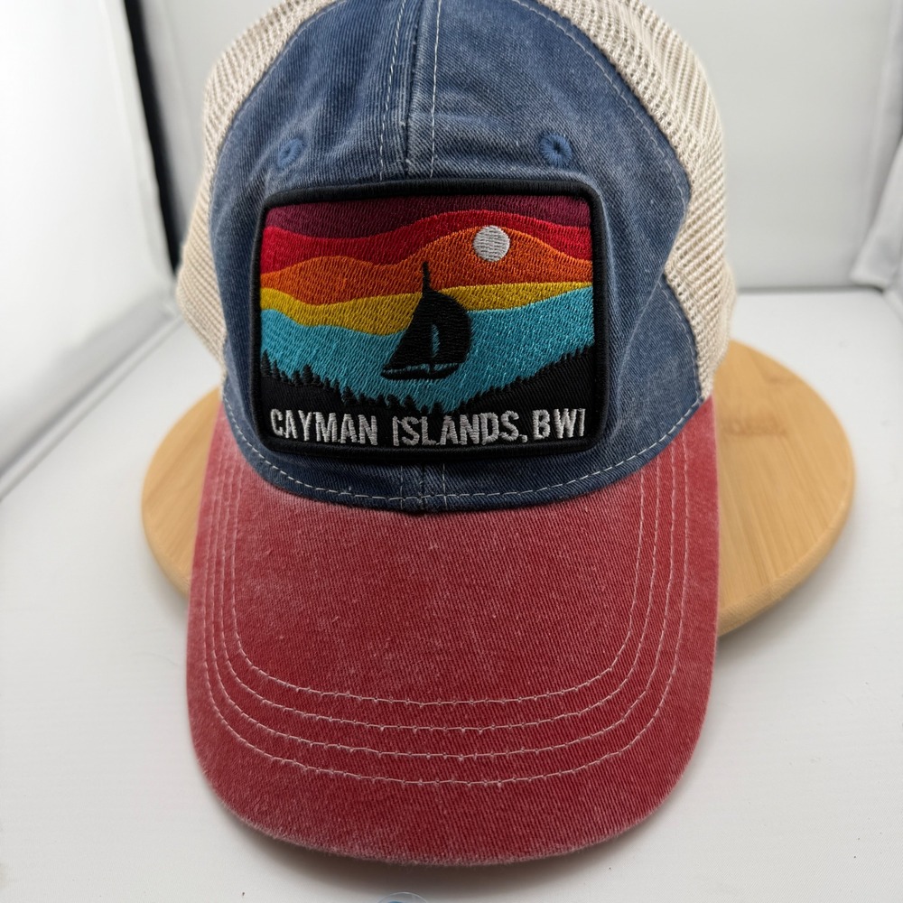 Cayman Islands BWI Trucker Hat DK Caps Blue Red Mesh Snapback Sailboat Sunset
